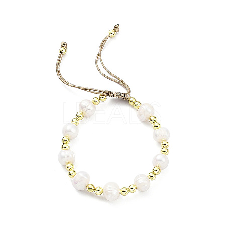 Adjustable Natural Pearl & Brass Braided Beaded Bracelet for Women BJEW-O187-01-1