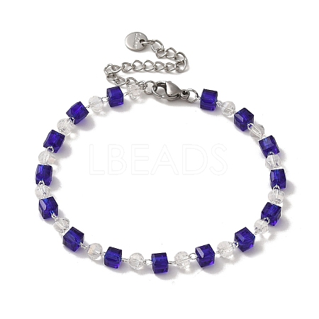 Rondelle Cube Glass & Brass Link Chain Bracelets BJEW-L685-09P-1