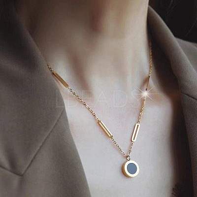 304 Stainless Steel with Black Acrylic Roman Numerals Flat Round Pendant Necklaces FS-WG7B842-02-1