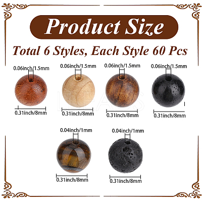 240Pcs 4 Colors Round Natural Wood & 60Pcs Natural Tiger Eye & 60Pcs Natural Lava Rock Beads Findings Kits DIY-PA0001-65-1