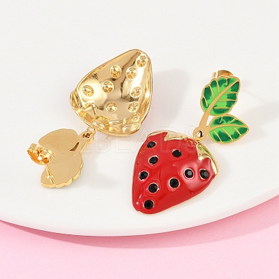 304 Stainless Steel Enamel Strawberry Dangle Stud Earrings EJEW-A138-10G-01-1