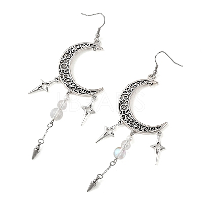 Natural Quartz Crystal & Synthetic Moonstone Beads & Alloy Pendant Chandelier Earrings EJEW-TA00814-1