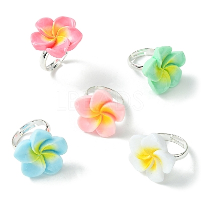 5Pcs 5 Colors Plumeria Flower Resin Finger Rings Set RJEW-JR00640-S-1