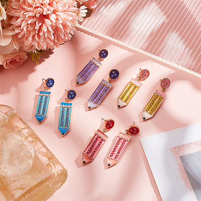 4 Pairs 4 Colors Alloy Enamel Pencil Dangle Stud Earrings for Teachers' Day EJEW-AN0004-86-1