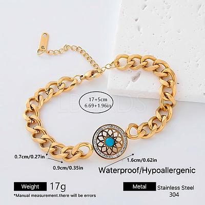304 Stainless Steel Crystal Rhinestone Link Bracelets with Synthetic Turquoise for Women RB2528-1-1