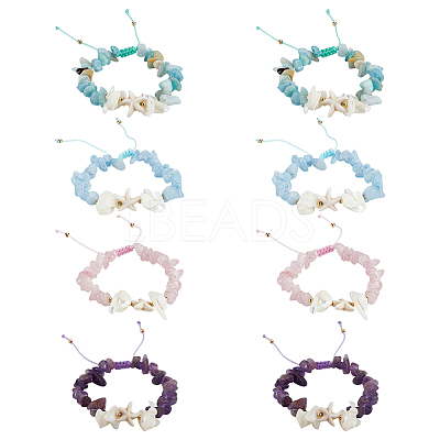 8Pcs 4 Styles Natural Gemstone Chip Braided Bead Bracelets BJEW-MA00001-1