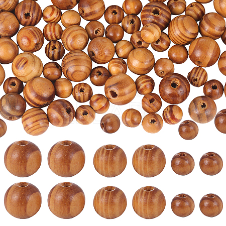 Gorgecraft 300Pcs 3 Styles Round Natural Wood Beads WOOD-GF0001-89B-1