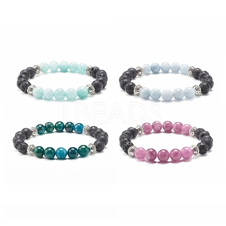 Natural Chalcedony & Natural Lava Rock Round Beads Stretch Bracelet for Her BJEW-JB06920-1
