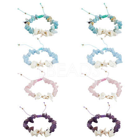 8Pcs 4 Styles Natural Gemstone Chip Braided Bead Bracelets BJEW-MA00001-1