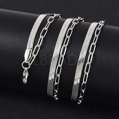 Non-Tarnish 304 Stainless Steel Paperclip & Herringbone Chains Double Layer Necklace for Men Women NJEW-E046-01P-1