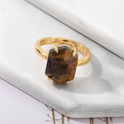 Hexagon Natural Tiger Eye Finger Rings RJEW-B113-02G-05-1
