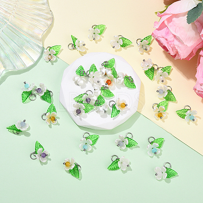 40Pcs 8 Colors Natural Mixed Gemstone & ABS Plastic Imitation Pearl & Acrylic Leaf Pendants PALLOY-YW00095-1