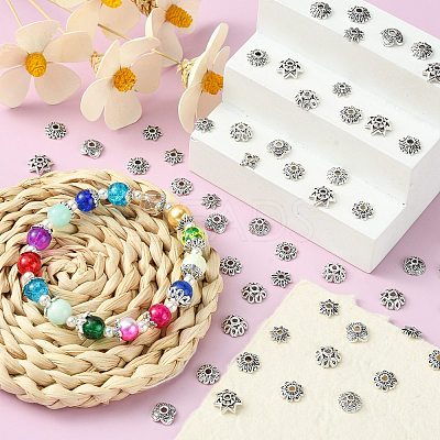 200Pcs 10 Styles Tibetan Style Alloy Bead Caps TIBE-CJ0001-22-1