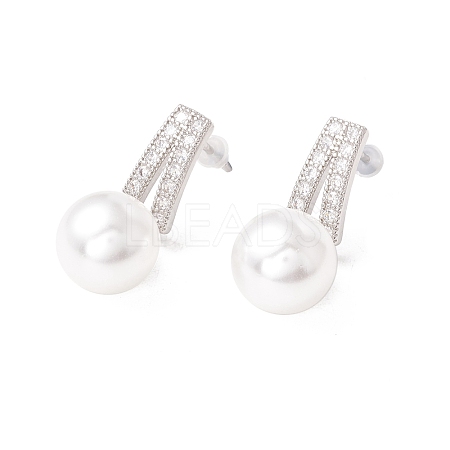 Cubic Zirconia Stud Earrings with Glass Pearl EJEW-H086-06P-1