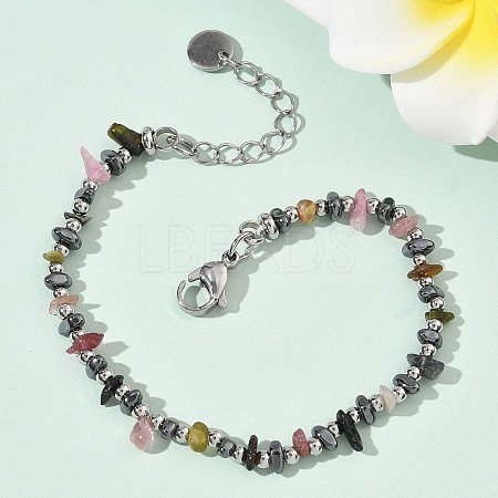 Natural Multicolor Tourmaline Chip & Non-magnetic Synthetic Hematite Beaded Bracelet for Women BJEW-Z148-02P-06-1