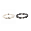 2Pcs 2 Color Natural Lava Rock Round Beaded Stretch Bracelets Set with Alloy Flower BJEW-JB08024-1