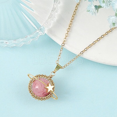 4Pcs 4 Styles Natural Labradorite & Yellow Hematoid Quartz & Amethyst & Dyed Green Jade Copper Wire Wrapped Planet Pendant Brass Cable Chain Necklaces for Women NJEW-TA00260-1