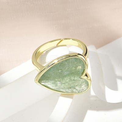 Heart Brass Natural Green Strawberry Quartz  Finger Rings X-RJEW-D304-01G-C-1