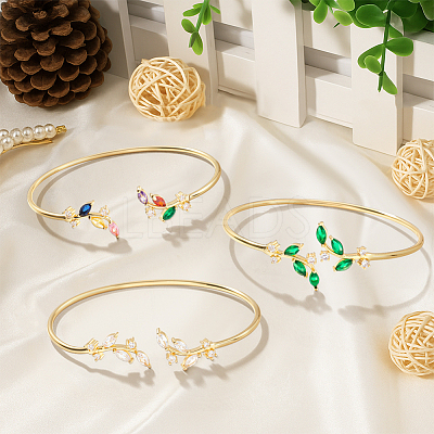 3Pcs 3 Colors Elegant Brass Cubic Zirconia Leaf Cuff Bangles for Women BJEW-GO0003-01G-1