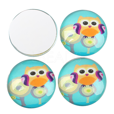 Cartoon Owl Printed Glass Half Round/Dome Cabochons GGLA-N004-18mm-B-1