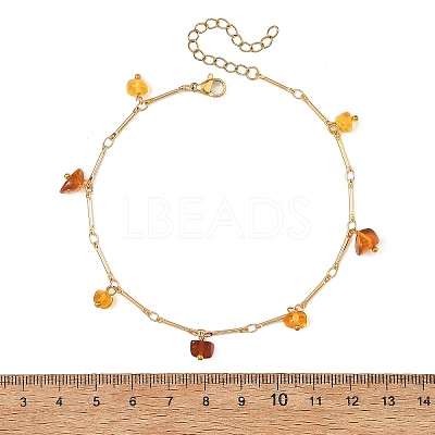 Natural Amber Chip Tassel Brass Bar Link Chain Anklets for Women AJEW-AN00889-1