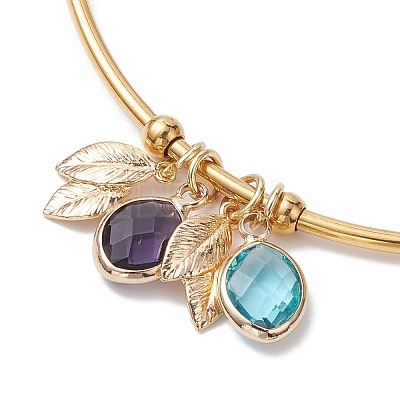 304 Stainless Steel Cuff Bangles with Brass Leaf Charms BJEW-JB10173-1