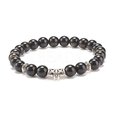 Natural Golden Sheen Obsidian Stretch Bracelet with Alloy Beads BJEW-JB08017-02-1