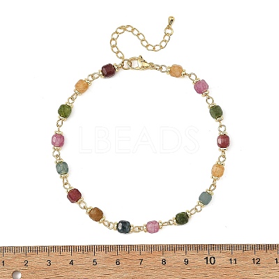 Natural Multicolor Tourmaline Faceted Cube Beaded Chain Anklets AJEW-AN00875-1