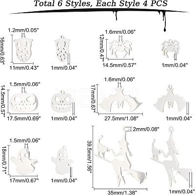 24Pcs 6 Style 201 and 304 Stainless Steel Pendants STAS-UN0034-07-1