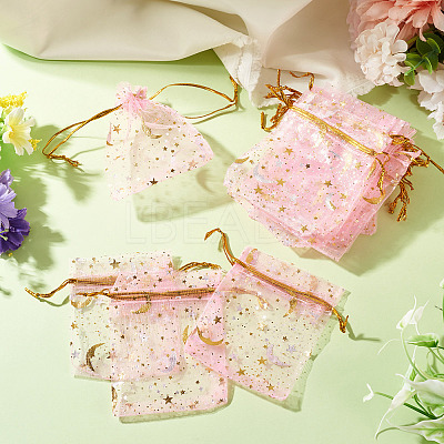 30Pcs Gold Stamping Moon Star Organza Drawstring Gift Bags ABAG-TA0002-21G-1
