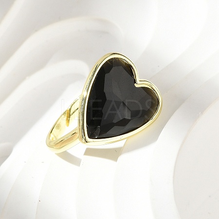 Heart Brass Natural Obsidian Finger Rings X-RJEW-D304-01G-G-1