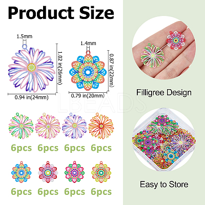 48Pcs 8 Styles Spray Painted 430 Stainless Steel Filigree Pendants STAS-HS0001-56-1