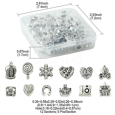 60Pcs 12 Style Tibetan Style Alloy European Beads TIBEB-FS0001-04-1