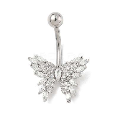 Brass Pave Clear Cubic Zirconia Curved Barbell Butterfly Belly Rings AJEW-L099-01A-P-1