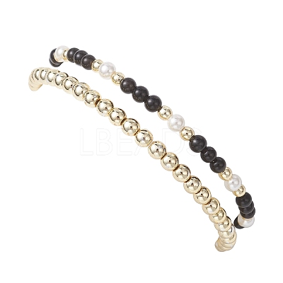 2Pcs Natural Obsidian & Shell Pearl & Non-magnetic Synthetic Hematite Beaded Stretch Bracelets for Women BJEW-JB12938-01-1