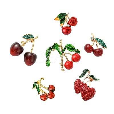 6Pcs 6 Styles 3D Resin Cherry Brooch Pin with Rhinestone JEWB-CJ0001-32-1