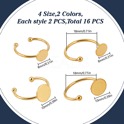 16Pcs 8 Styles Stainless Steel Cuff Ring Components STAS-DR0001-17-1