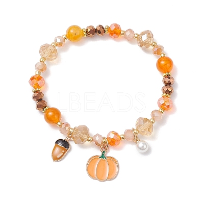 3Pcs 3 Styles Thanksgiving Day Alloy Enamel & ABS Plastic Imitation Pearl Charm Bracelets BJEW-JB12627-1
