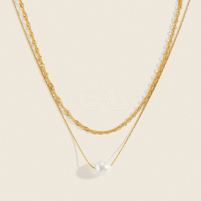 304 Stainless Steel Double Layer Necklaces with White Round Faux Pearl Pendants for Women KQ2558-1