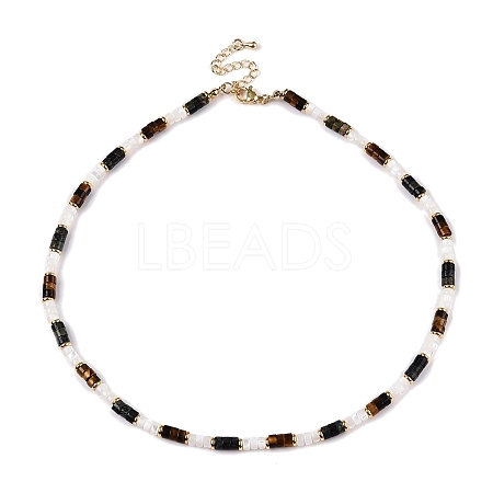 Column Natural Tiger Eyes & Kambaba Jasper & White Shell Beaded Necklaces for Women NJEW-T017-01G-1