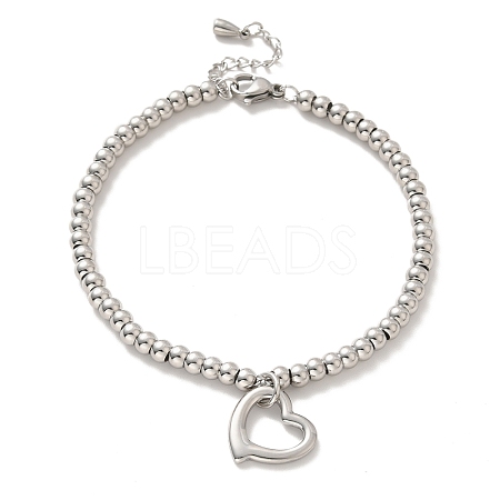 Tarnish Resistant 304 Stainless Steel Heart Charm Bracelet with 201 Stainless Steel Round Beads for Women BJEW-B057-12P-1