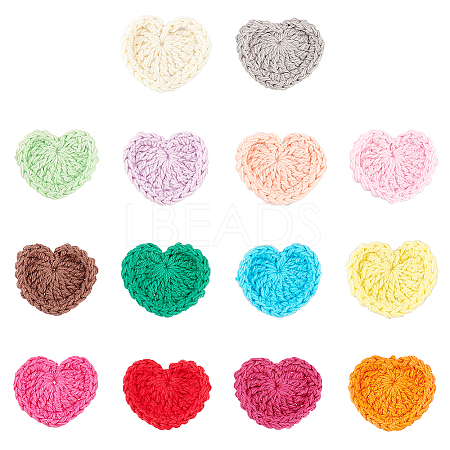 Fingerinspire 14Pcs 14 Colors Heart Handmade Crochet Cotton Appliques AJEW-FG0002-48-1