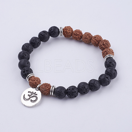 Yoga Theme Lava Rock Bodhi Wood Beads Stretch Charm Bracelets BJEW-L620-02A-1