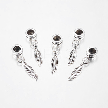 Antique Silver Tone Alloy European Feather Dangle Charms X-PALLOY-JF00001-20-1