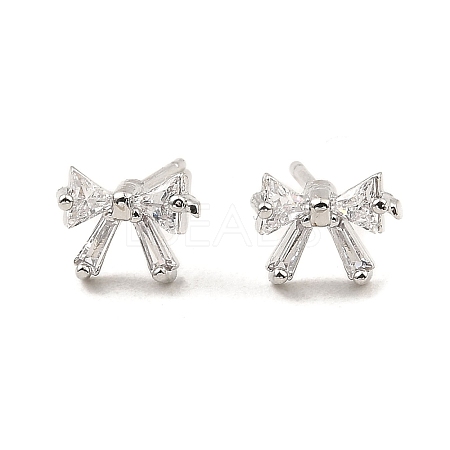 Brass Pave Clear Cubic Zirconia Bowknot Stud Earrings for Women EJEW-G362-13P-1