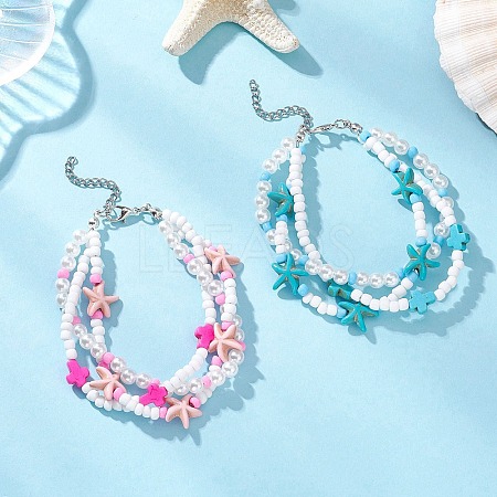 2Pcs Synthetic Turquoise & Glass Seed Beads Multi-strand Bracelets for Women BJEW-JB12974-1