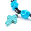 Natural Mashan Jade Skull Beaded Stretch Bracelet with Synthetic Turquoise(Dyed) Cross Charm BJEW-JB08378-04-4