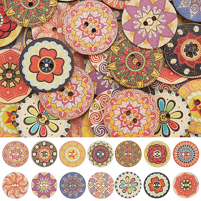 100Pcs Printed Wooden Buttons BUTT-CP0001-16-1
