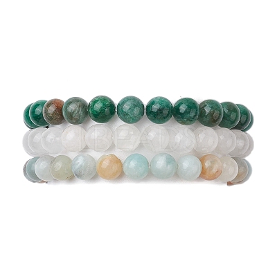 3Pcs 3 Styles Natural Mixed Gemstone Round Beaded Stretch Bracelets Set BJEW-JB10139-02-1