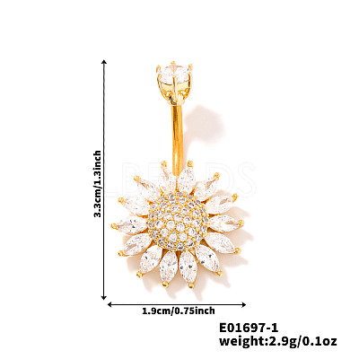 Chic Flower Brass Full Crystal Rhinestone Curved Barbell Belly Button Rings with Shiny Delicate Design YW9589-1-1